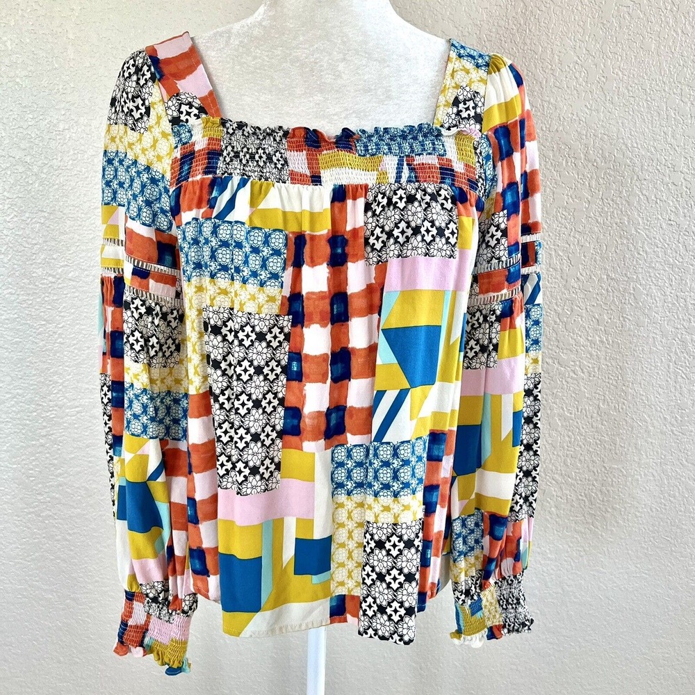 Tallulah Kate Small Colorful Patchwork Boutique Top Blouse Popover Ruffle Boho